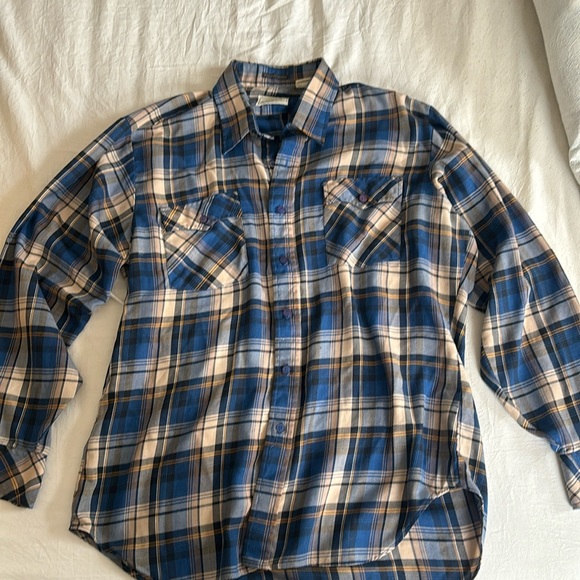Men’s Blue/yellow/tan plaid shirt - Picture 1 of 5